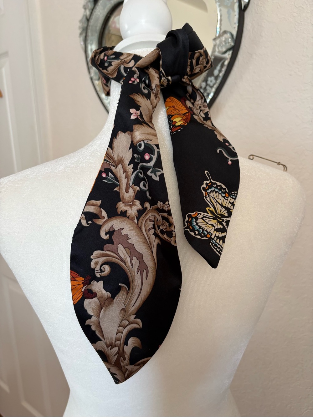 Eugenia Kim Black Silk Scarf with Beige Floral & Orange Butterfly Motif
